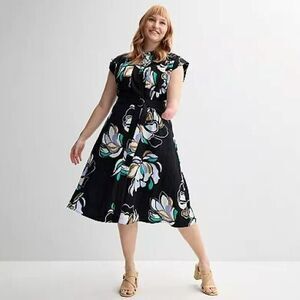 Nine West Women's Adaptive Cap Sleeve Shirt Dress Size L, Black Olivia Floral